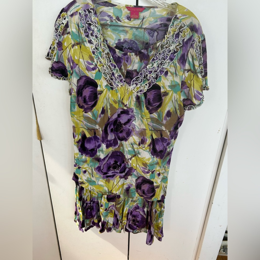 Sunny Leigh Purple Floral Dress with Ruffle Trim
